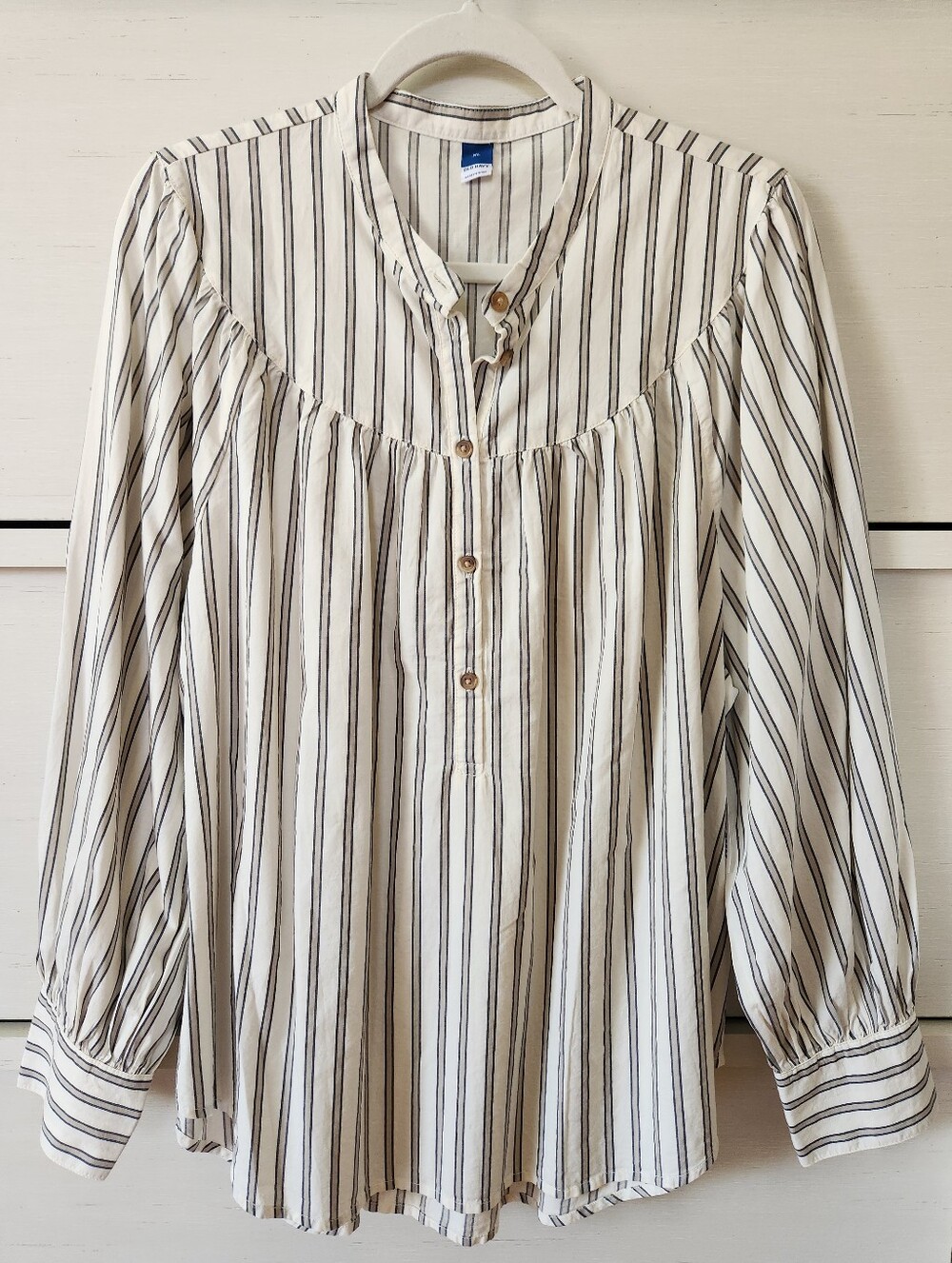 Old Navy NWT Puff-Sleeve Striped Henley Shirt Cotton Neutral Stripe Womens Sz XL